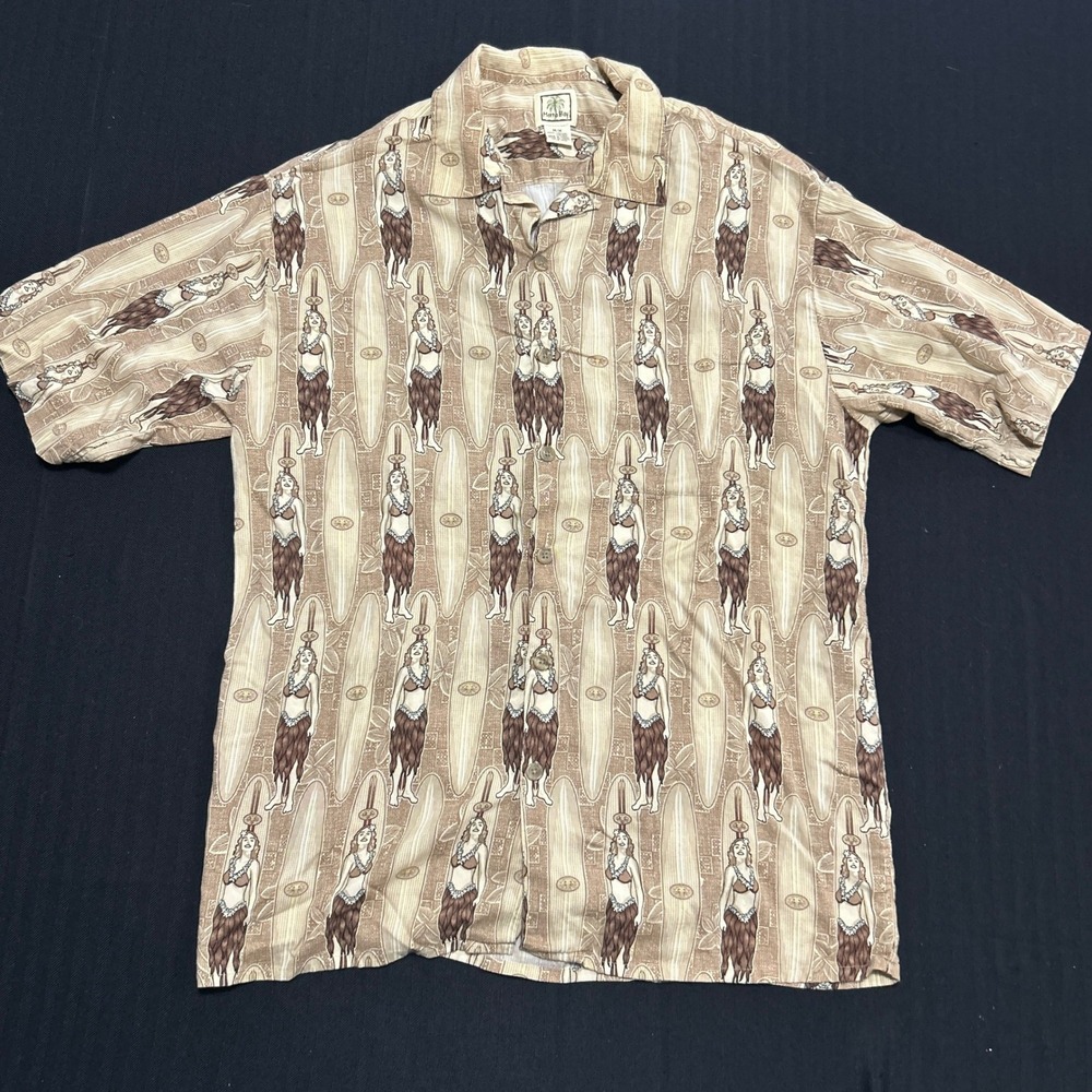Morro Bay Mens Medium Hula Girl Surfboard Hawaiian Shirt Tan Viscose Button Up